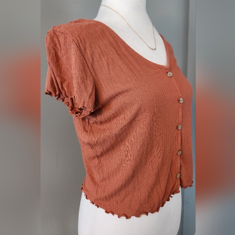 Madewell Rust Ribbed Button-Front Short Sleeve Tee - Picture 3 of 7